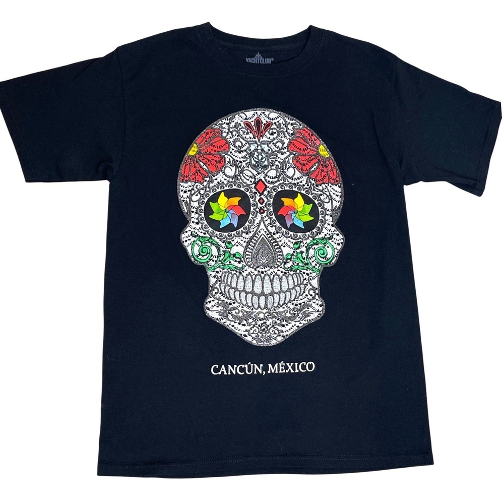 Yacht Club Cancun Mexico Sugar Skull‎ T-Shirt Women Medium Black  Graphic
